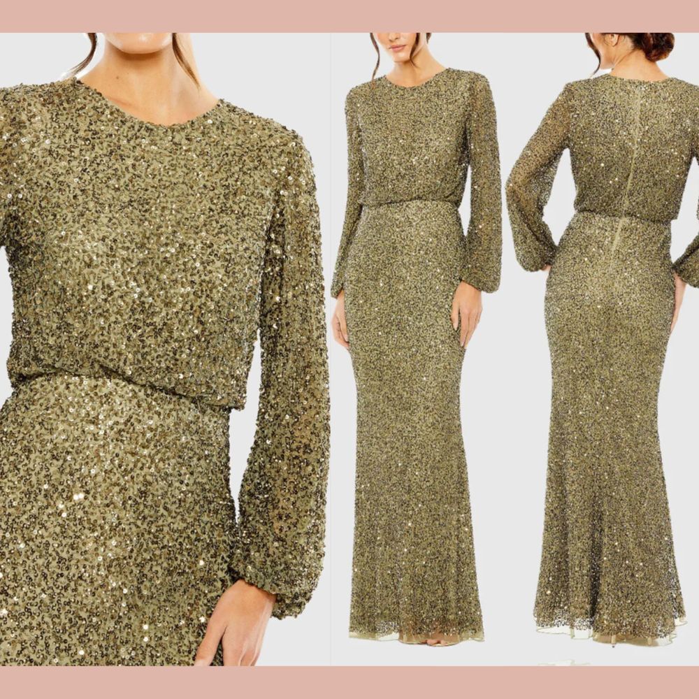 NWT MAC DUGGAL [ 10‎ ] 10044 High Neck Long Sleeve Beaded Blouson Gown Olive